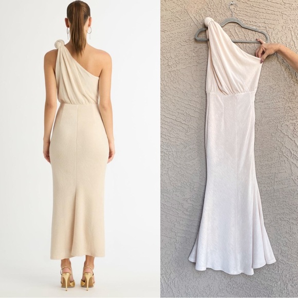 SHEIKE Australia Neutral Beige Ecru Textured One Shoulder Knot Draped Maxi Dress - Picture 3 of 11
